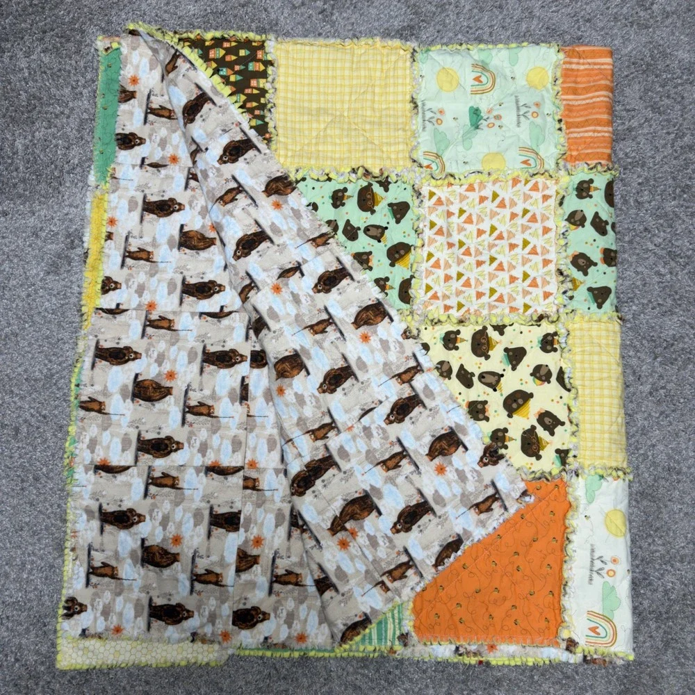 Handmade Women Cotton Rag Quilt 62x72 Multicolor Woodland Bear Patchwork Blanket